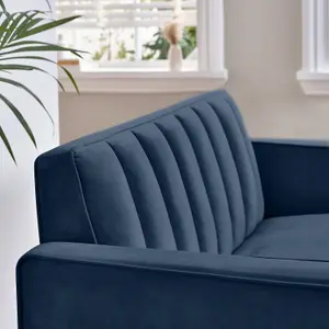 Furniturebox UK Velvet Sofa - 'Kit' 2 Seater Upholstered Navy Blue Fabric Sofa - Vertical Stitching - Modern Living Room Furniture