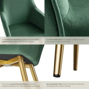 Chair Marilyn - with armrests, padded, velvet look, golden steel legs - dark green/gold