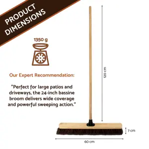 24-Inch Bassine Broom - Wide Outdoor Sweeper with Wooden Handle - Perfect for Large Patios, Driveways, and Walkways