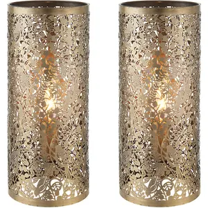 2 PACK - Pattern Table Lamp Light Aged Brass Floral Bird Metal Cylindrical Shade