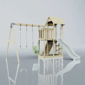 PolarPlay Balcony Tower Kids Wooden Climbing Frame with Swing and Slide - Swing Hagen Mist