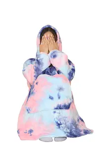 MS9 Women's Oversized Hoodie Wearable Blanket Hoodie Top With Sherpa Lining Pink and Blue