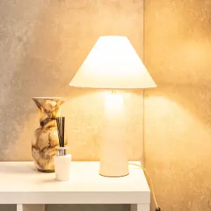 ValueLights Margot White Marble Bedside Table Lamp with a Linen Tapered Lampshade - Bulb Included