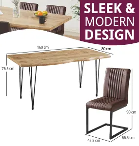 Hallowood Furniture Cullompton Large Dining Table 160cm, Live Edge Effect Table Top, with 4 Brown Leather Effect Chairs