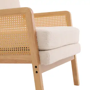 Upholstered Armchair with Wood Frame Rattan Arms Chair in White