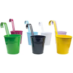 Set of 7 Metal Hanging Plant Pots - Weatherproof Colourful Outdoor Garden Plant, Flower or Herb Planters - Each H22 x 10cm Dia