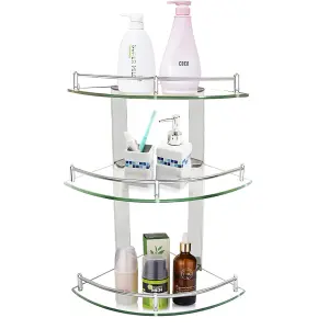 3 Tier Wall Mounted Tempered Glass Bathroom Corner Shelf Dia 25 cm