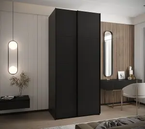 Stylish Black Sliding Door Wardrobe W1100mm H2450mm D640mm with Black Steel Handles