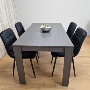 Dining Table and 4 Chairs  Black Dark Grey 4 Black Velvet Chairs Wood Dining Set Furniture