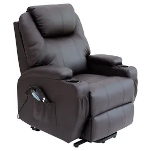 Rise Recliner Chair With Single Motor, Heat And Massage, Remote Control, Pocket Storage And Cup Holders In Brown Bonded Leather