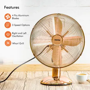 Geepas 12" Metal Desk Fan Electric Fan with 3-Speeds, 4 Aluminium Blades, Oscillating Metal Table Fan