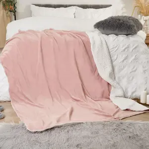 Brentfords Sherpa Throw Over Flannel Fleece Fluffy Blanket Mink Warm - Blush