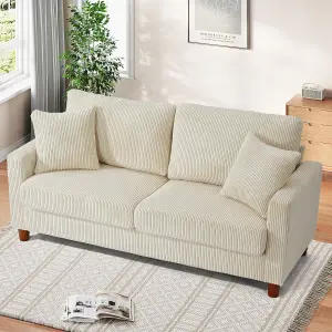 178cm Beige White Corduroy Couch, 3 Seater Sofa with Wood Legs, Deep Seat Sofa