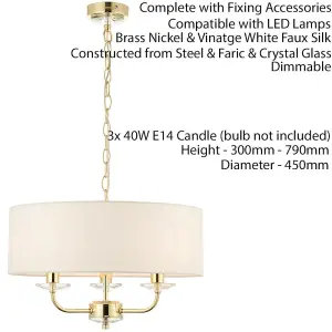 Multi Light Ceiling Pendant 3 Bulb BRASS & WHITE Chandelier Large Shade Lamp