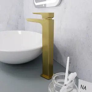 Nes Home Modern Countertop Brushed Brass Tall Square Basin Mono Mixer Tap