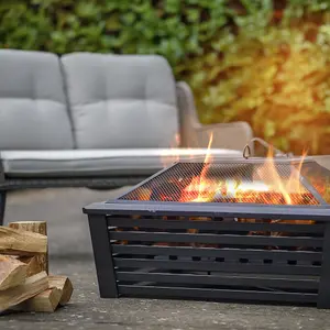 89cm Square Black Fire Pit - Modern Design for Garden Gatherings