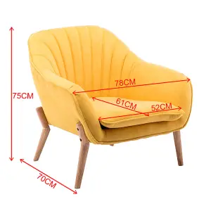 Yellow Faux Wool Upholstered Scallop Back Armchair with Wooden Legs