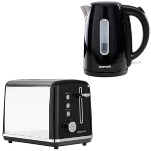 Daewoo Black Kensington 1.7 Litre 3000 Watt Matching Jug Kettle and Toaster Set 2 Slice Stainless Steel Rapid Boil Reheat Defrost