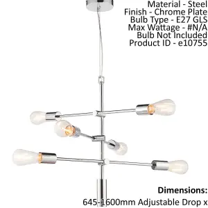 Ceiling Pendant Light Chrome Plate 6 x 60W E27 Dimmable Multi Arm Lamp