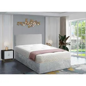 Loria Divan Bed Set with Headboard and Mattress - Crushed Fabric, Silver Color, Non Storage