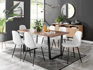 Furniturebox Kylo Brown Rectangular Wood Effect Dining Table & 6 White Faux Leather Corona Black Leg Chairs