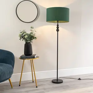 ValueLights Marissa Matt Black Stacked Ball Floor Lamp with Forest Green Drum Shade