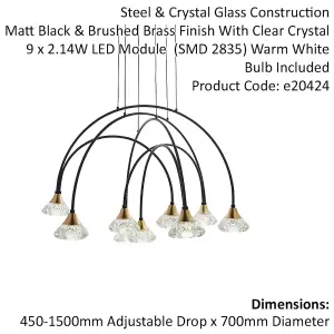 Matt Black Ceiling Pendant Bar Light - Brushed Brass Detailing - 9 Lamp Fitting