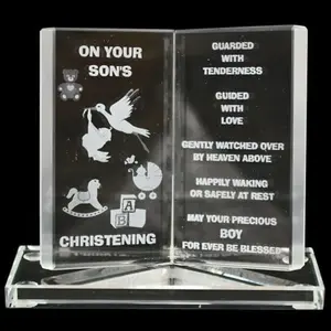 Engraved Glass Crystal Book Gift Set Poetic Inscribed Writing Ornament Message Boys Christening