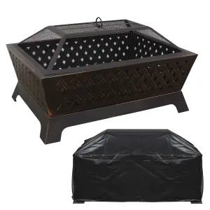 35" Rectangular Outdoor Fire Pit, Antique Bronze Effect & Water Resistant Drawstring Cover - DG239