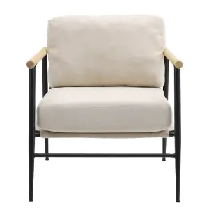 Beige Linen Armchair with Thick Cushion and Metal Frame