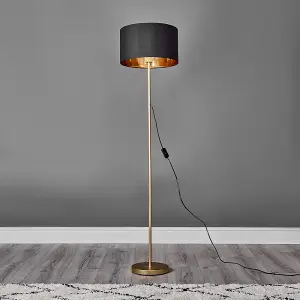 ValueLights Modern Standard Floor Lamp In Gold Metal Finish With Black/Gold Drum Shade - Includes 6w LED GLS Bulb 3000K Warm White