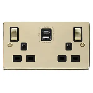 Polished Brass 2 Gang 13A DP Ingot Type A & C USB Twin Double Switched Plug Socket - Black Trim - SE Home