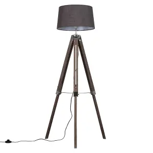 ValueLights Clipper Wood and Silver Chrome Tripod Floor Lamp with Grey Tapered Shade - Complete with 6w LED GLS Bulb In Warm White