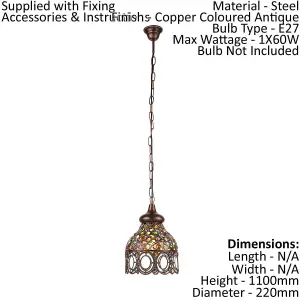 Hanging Ceiling Pendant Light Antique Copper & Coloured Glass 1x 60W E27 Bulb