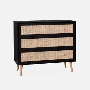 sweeek. 3-drawer chest with wood and cane effect Boheme Black 90x39x79 cm