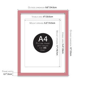 A4 Pink Picture Frame With Mount for A5 (14.8 x 21cm - 5.8 x 8.3in) Poster, Photo, Artwork, or Print.