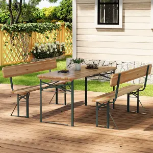 3Pcs Contemporary Outdoor Folding Metal Wood Garden Patio Bistro Table and Bench Set