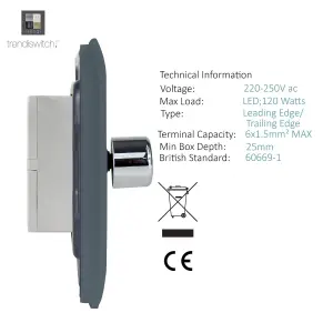 Trendi Switch 2 Gang 1 or 2 way 150w Rotary LED Dimmer Light Switch in Warm Grey