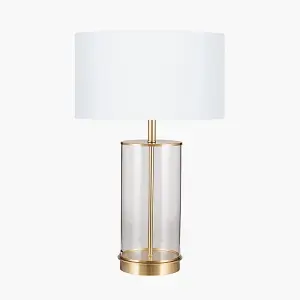 Clear Glass and Champagne Metal Table Lamp with  Ivory Poly Cotton Cylinder Drum Shade