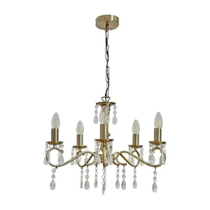 ValueLights Argyll Antique Brass 5 Way Crystal Jewel Chandelier Ceiling Light Fitting