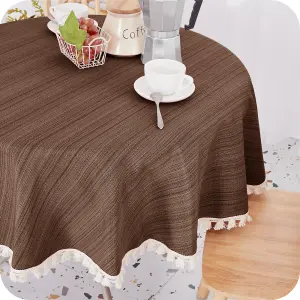 Deconovo Wipe Clean Faux Linen Water Resistant Round Table Cloth With Tassel Table Cover for Dining 140cm (55in) Brown