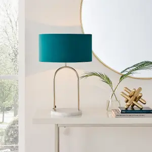 Furniturebox UK Danielle Table Lamp with Teal Velvet Shade and a Brass and Marble Base