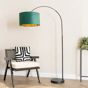 ValueLights Louis Black Arched Floor Lamp with Forest Green Velvet Drum Metallic Gold Inner Shade and LED Bulb