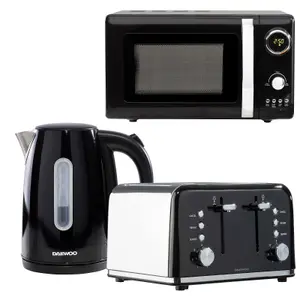 Daewoo Kensington Black Retro Matching Kettle Toaster and Microwave Set 3000W Jug, 4 Slice & Crumb Tray, 800W 2L & 12 Presets