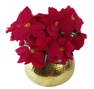 Artificial Christmas Xmas Poinsettias Gold Curve Large Metal Planter