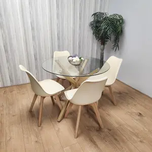 Dining Table Set with 4 Chairs Round Wood Effect Legs 4 Plastic Cream Chairs Dining Room