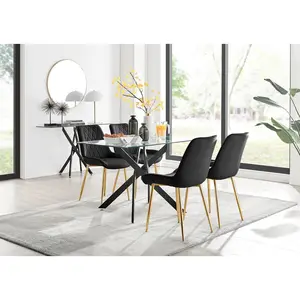 Lenworth Glass Rectangular Dining Table Set with 4 Luxury Velvet Chairs Black/Gold / Black