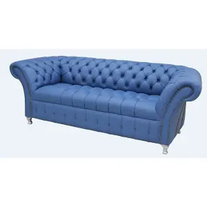 Chesterfield 3 Seater Buttoned Seat Deep Ultramarine Blue Leather Metal Feet Sofa Bespoke In Balmoral Style