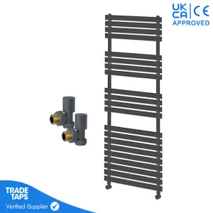 Designer Delta Anthracite Flat Panel Towel Radiator Heated Ladder Rail - 1424 x 500mm - Angled Manual Round Valve Pair