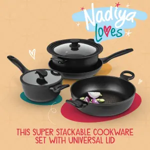 Prestige Nadiya Black Round Aluminium Induction Suitable Dishwasher Safe Non-Stick Cookware Set Pack of 4